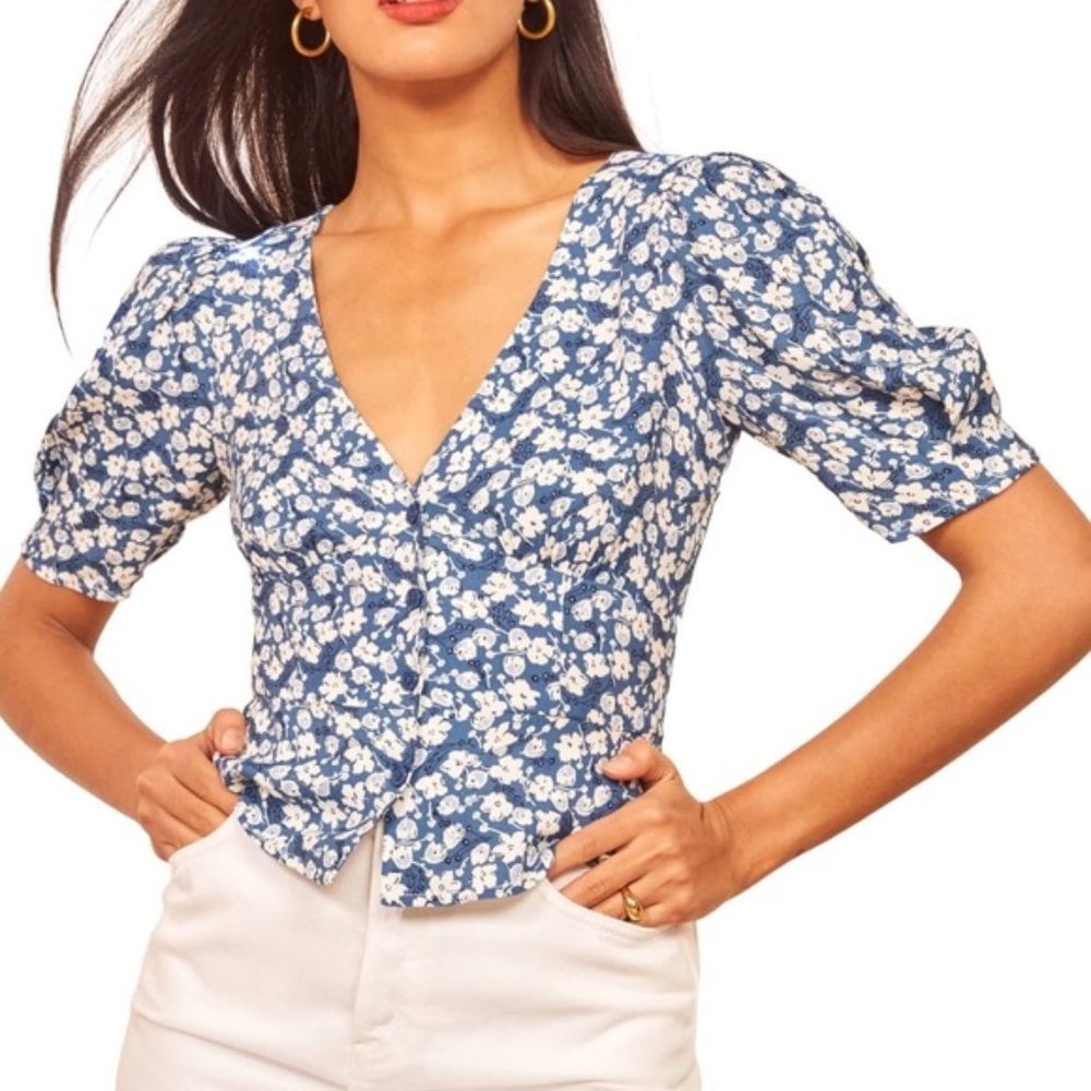 Reformation Madeline Poire Blue Floral Peplum Top Size 4